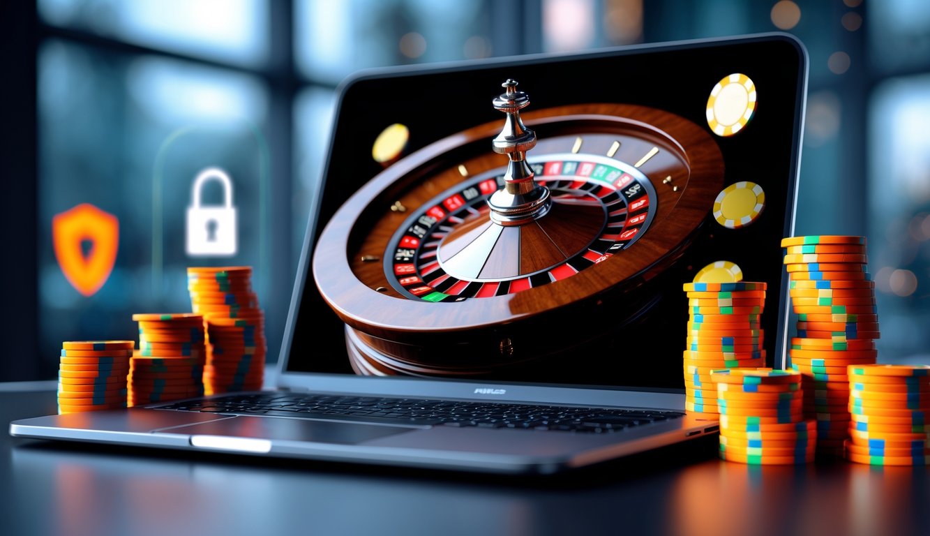 Sebuah komputer menampilkan roda roulette online dengan tumpukan chip warna-warni di sampingnya, menunjukkan suasana permainan roulette online yang aman dan terpercaya.