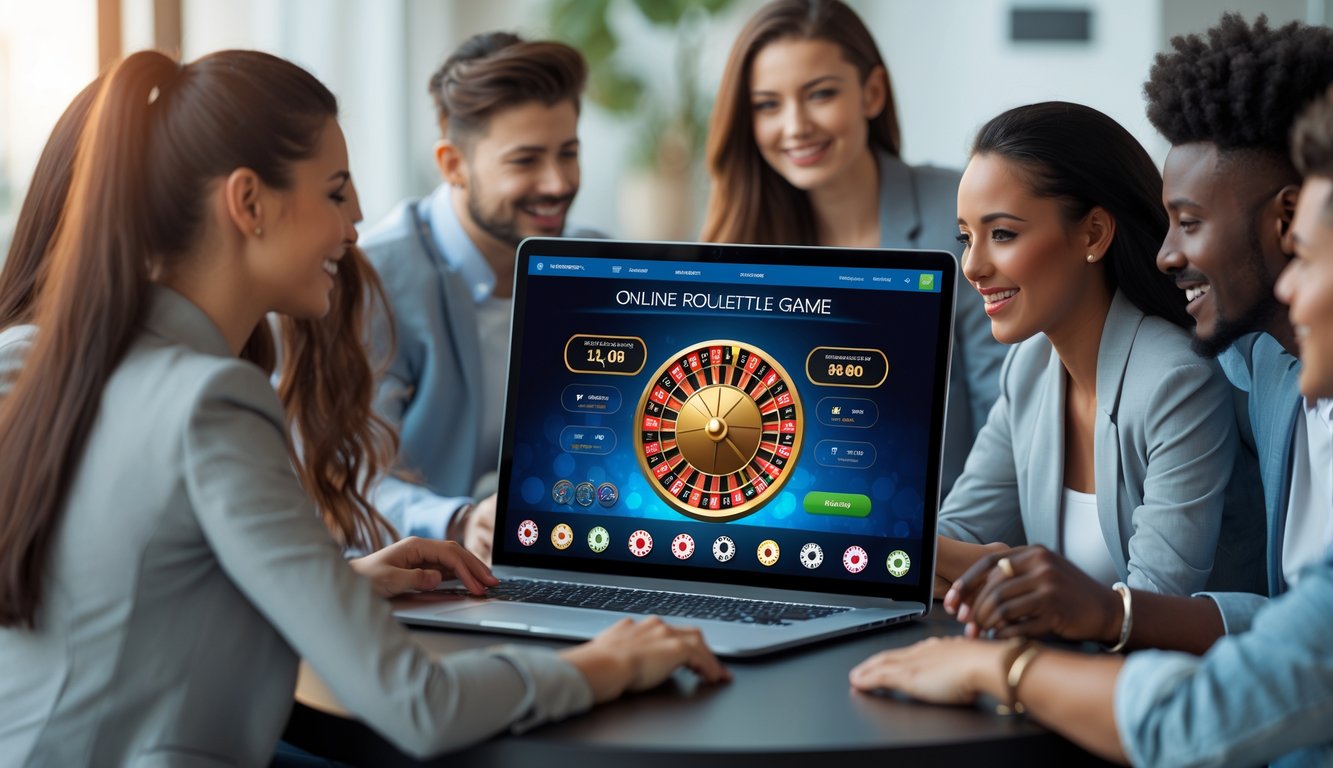 Sekelompok orang muda sedang menggunakan laptop untuk bermain roulette online dengan suasana yang aman dan terpercaya.