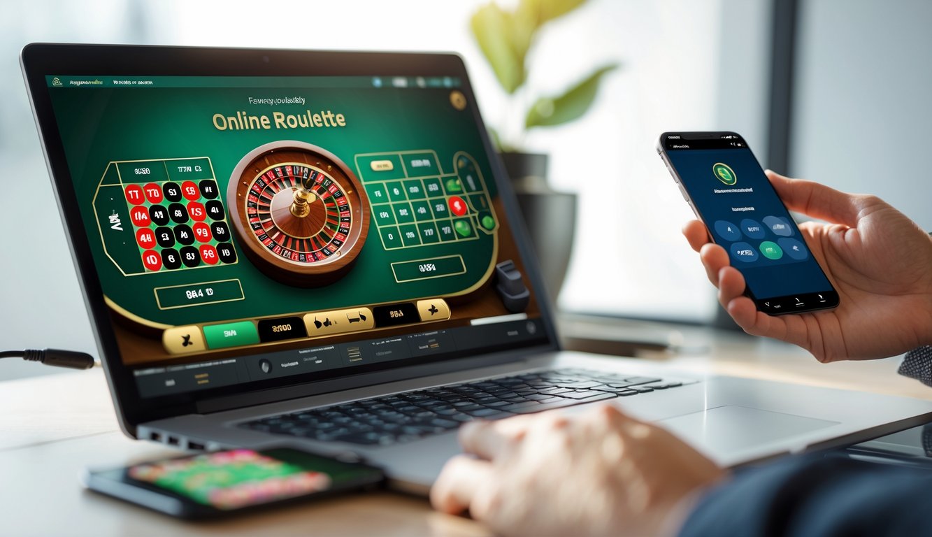 Seseorang menggunakan komputer dan ponsel untuk bermain roulette online dengan proses deposit cepat dan aman.