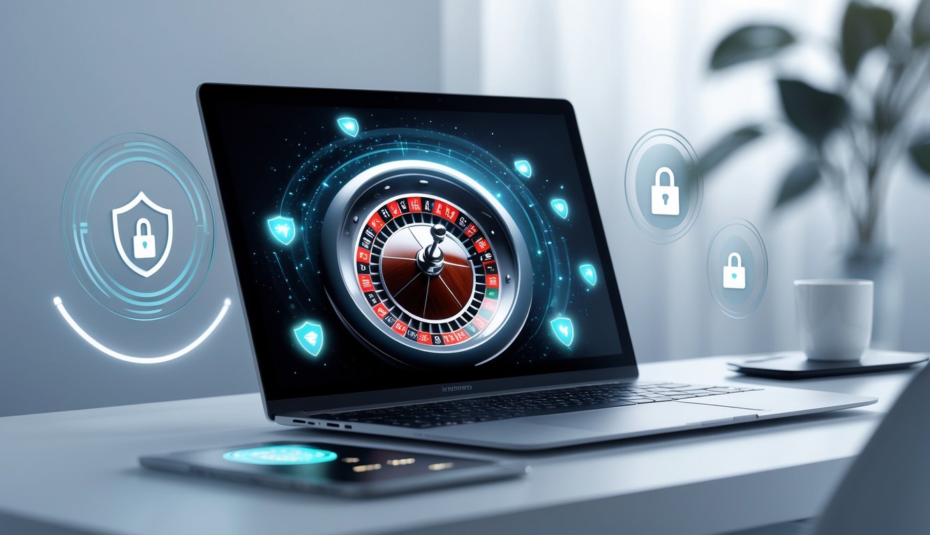Sebuah komputer menampilkan roda roulette digital yang berputar dengan latar belakang simbol keamanan dan transaksi cepat.