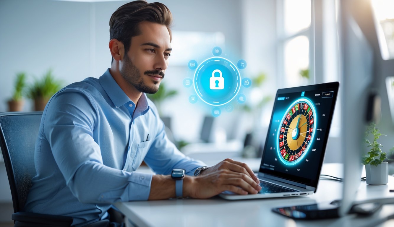 Seorang pria duduk di meja modern menggunakan laptop dengan tampilan roda roulette digital di layar, di ruangan kantor yang terang dan rapi dengan simbol keamanan digital di sekitar.