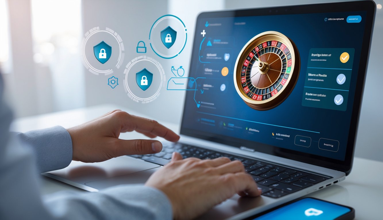 Seseorang menggunakan komputer dengan tampilan roda roulette online dan simbol keamanan di sekitar layar.