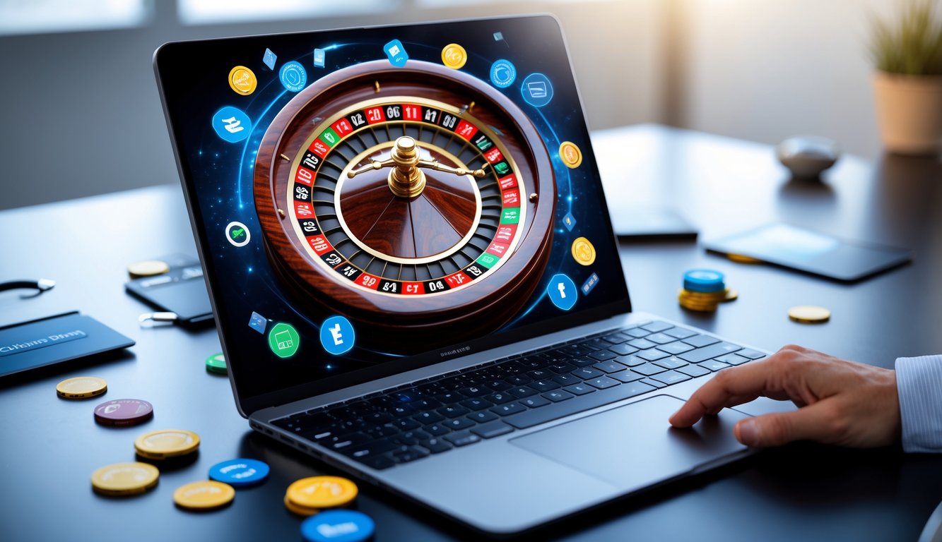 Sebuah komputer menampilkan roda roulette online dengan chip warna-warni dan ikon metode pembayaran di sekitarnya.