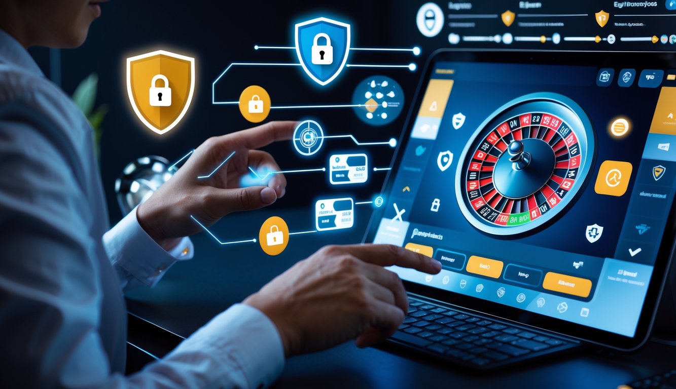 Seseorang menggunakan antarmuka digital dengan roda roulette dan ikon pembayaran yang aman di layar.