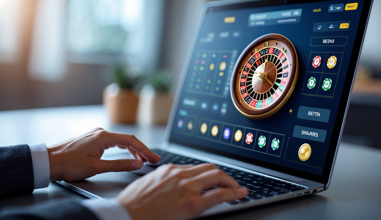 Seorang pemain menggunakan komputer dengan tampilan roda roulette online yang berwarna-warni di layar dalam suasana ruang kerja yang rapi dan terang.