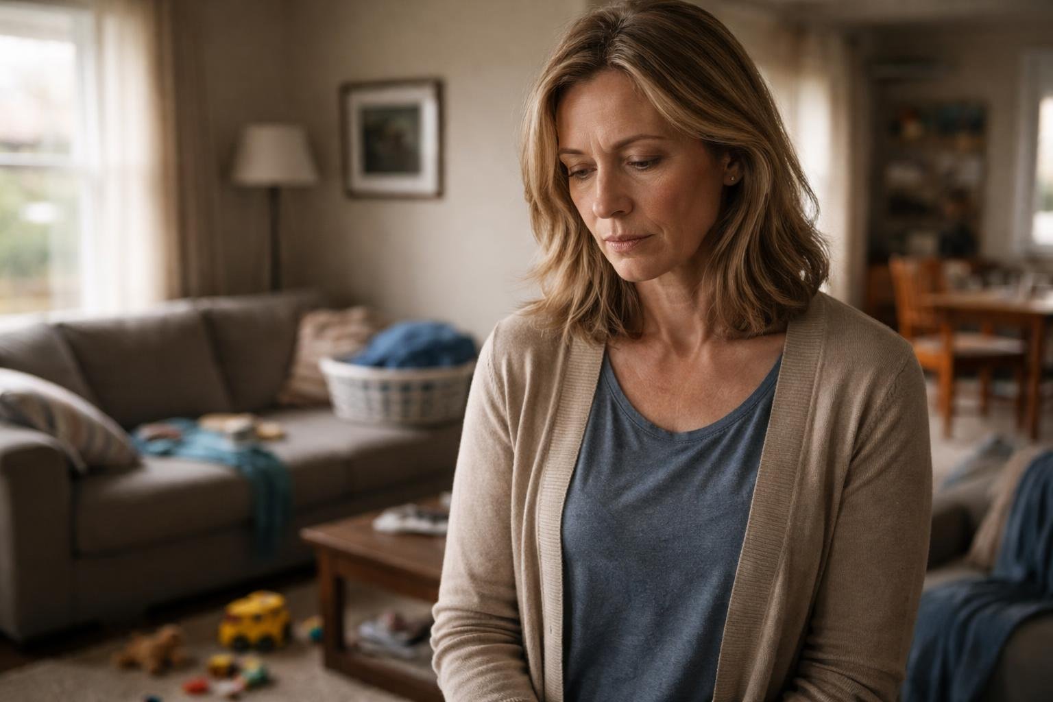 A middle-aged woman standing alone in a modest living room, looking down with a thoughtful and sad expression.