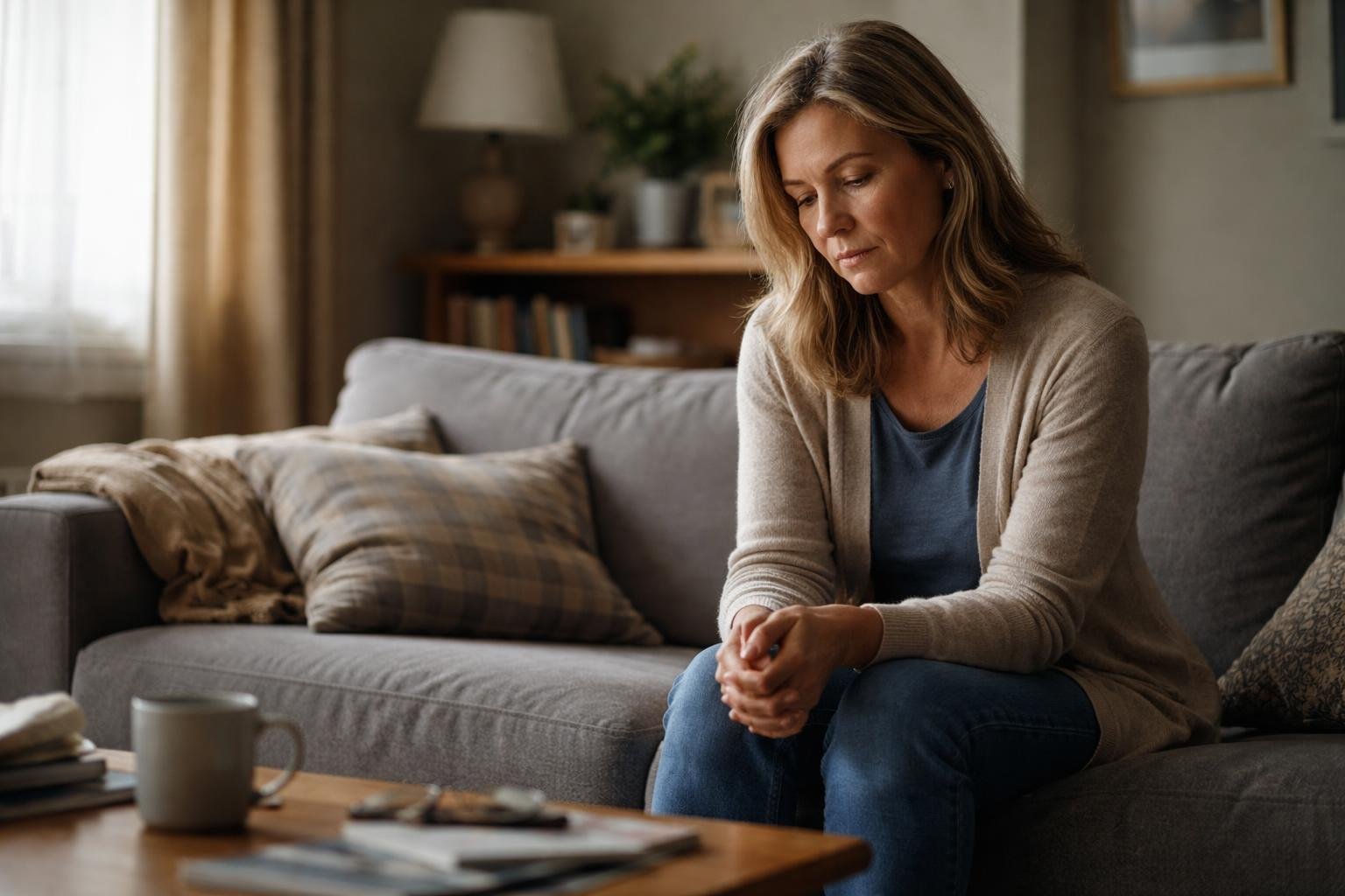 A middle-aged woman sitting quietly in a modest living room, looking thoughtful and introspective.