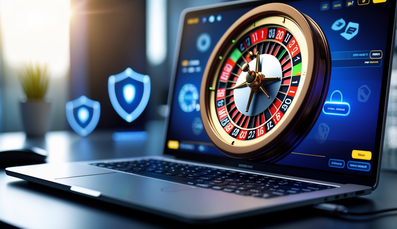 Tampilan komputer dengan roda roulette digital yang berwarna cerah di layar, menunjukkan pengalaman permainan roulette online yang aman dan terpercaya.