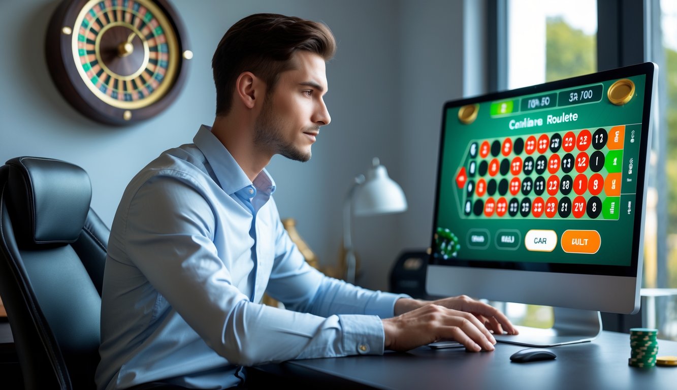 Seorang pria muda duduk di depan komputer menggunakan platform roulette online dalam suasana kantor rumah yang modern dan terang.