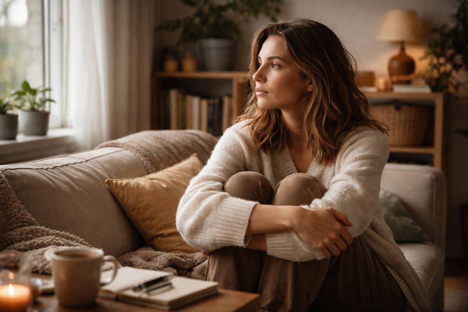 A woman sitting quietly in a cozy living room, looking thoughtfully out of a window surrounded by everyday household items.