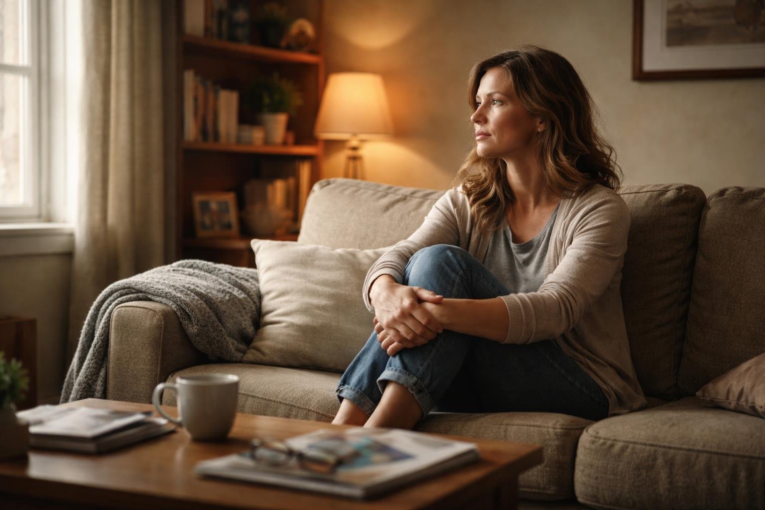 A woman sitting alone on a sofa in a modest living room, looking thoughtfully out of a window.