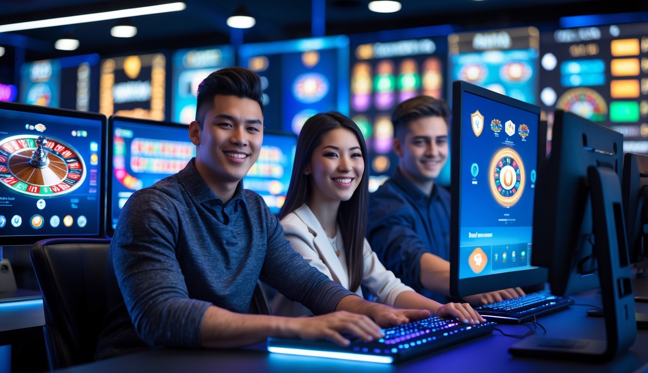 Dua orang muda duduk di depan komputer dengan tampilan permainan roulette online, terlihat fokus dan antusias dalam lingkungan yang modern dan aman.