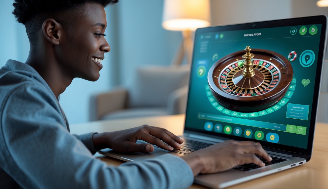 Seorang pemain muda yang percaya diri menggunakan laptop untuk bermain roulette online di ruangan modern yang terang dan nyaman.