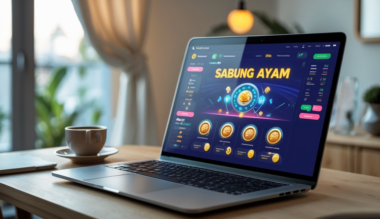 Seseorang menggunakan laptop di meja kerja dengan latar belakang ruangan yang nyaman, menampilkan antarmuka platform online yang mudah diakses.