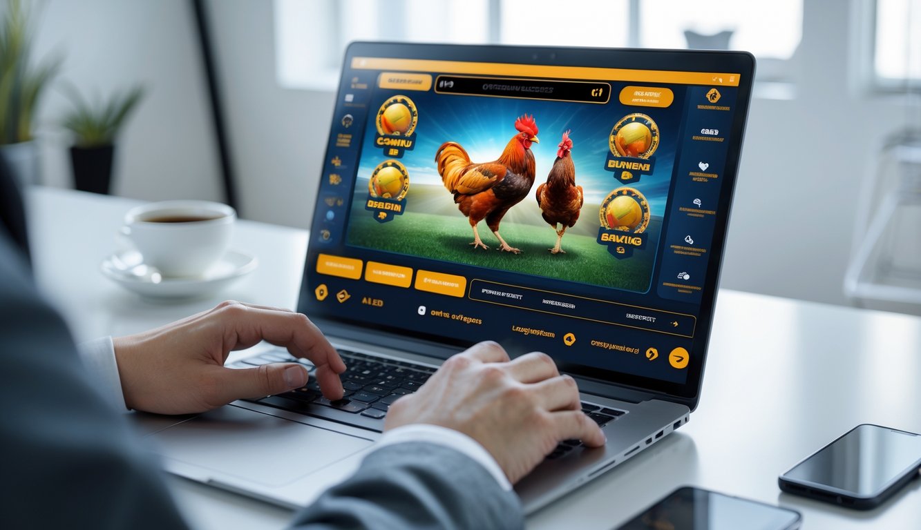 Seseorang menggunakan laptop di meja kerja dengan tampilan platform taruhan sabung ayam online yang mudah diakses dan memiliki opsi deposit murah.