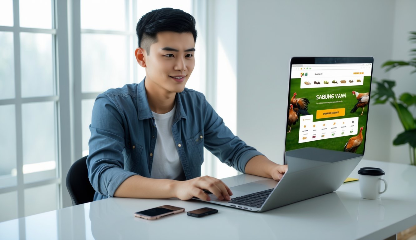 Seseorang muda sedang duduk di meja dengan laptop terbuka, fokus mendaftar di platform taruhan online sabung ayam dengan deposit rendah.