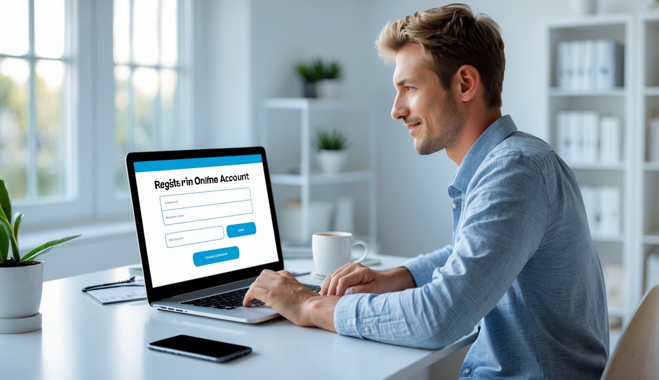 Seorang pria muda sedang duduk di meja kantor di rumah, fokus menggunakan laptop untuk mendaftar akun online.