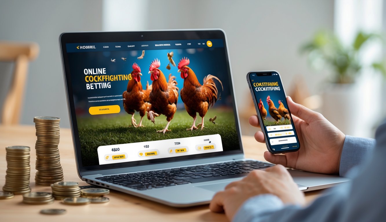 Seorang pengguna menggunakan laptop dan ponsel untuk mengakses platform sabung ayam online dengan tampilan grafis ayam jago dan simbol uang kecil di meja.