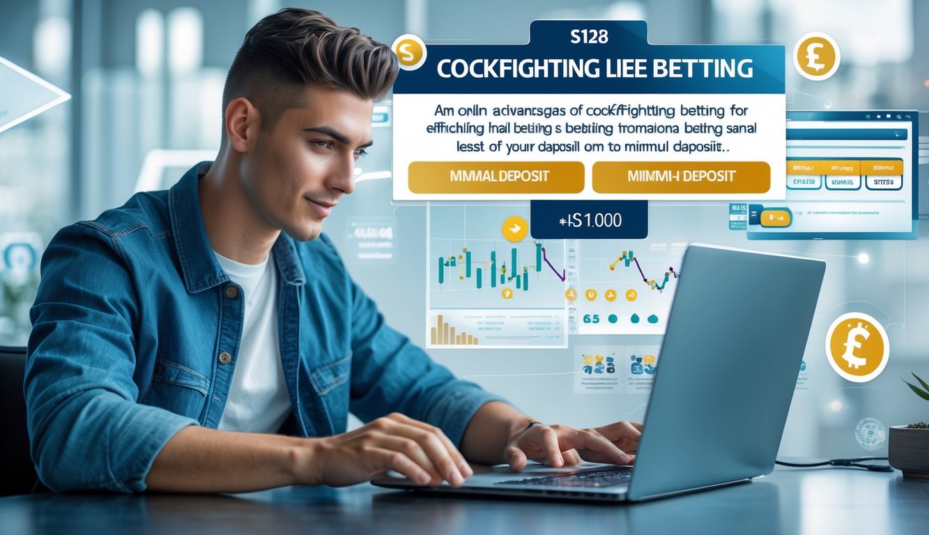 Seorang pria muda menggunakan laptop dan ponsel di lingkungan digital modern yang menunjukkan aktivitas taruhan online dengan suasana yang cerah dan bersih.