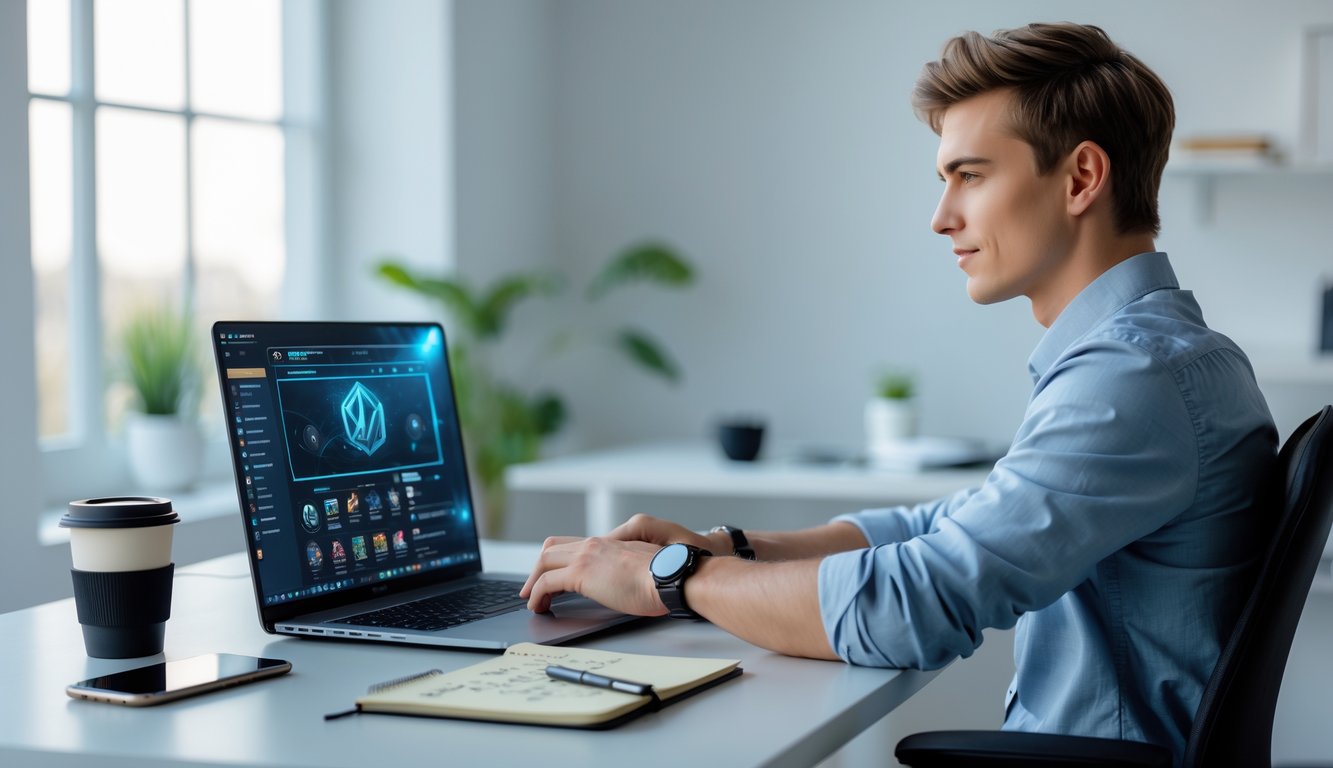 Seorang pria muda duduk di meja dengan laptop, fokus bermain permainan daring di ruangan yang terang dan rapi.