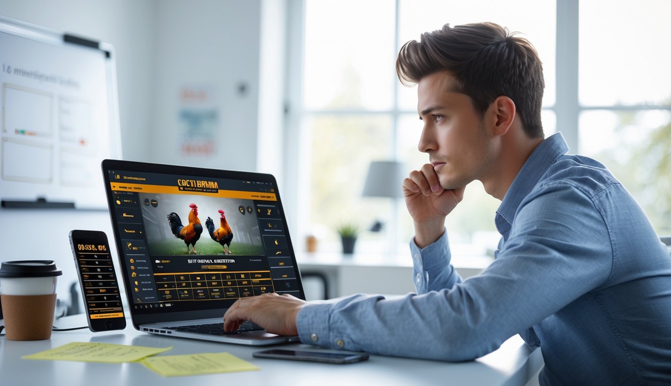 Seorang pria muda duduk di meja dengan laptop terbuka, fokus pada permainan sabung ayam online di layar komputer di ruangan kantor rumah yang terang.