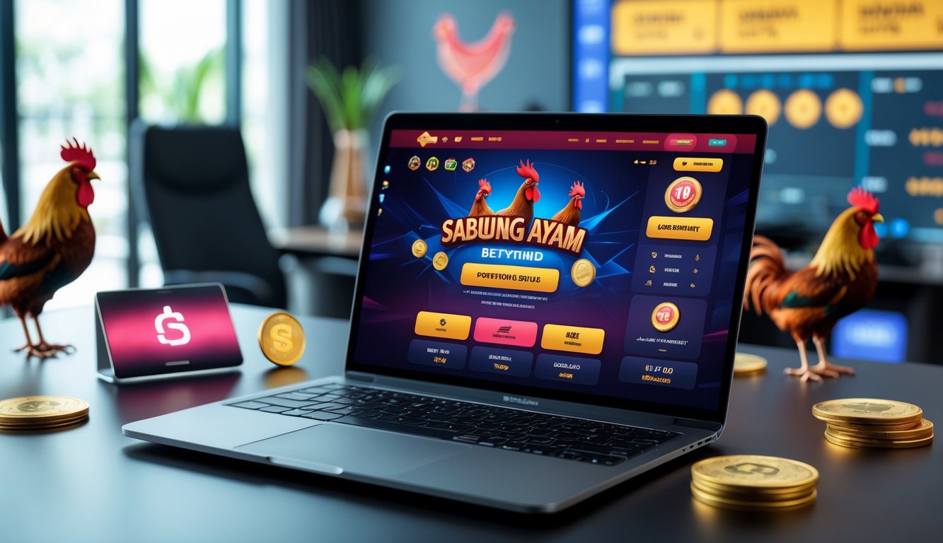 Seorang pria menggunakan laptop di meja kerja dengan tampilan situs sabung ayam online yang menampilkan gambar ayam jantan dan ikon pembayaran di layar.