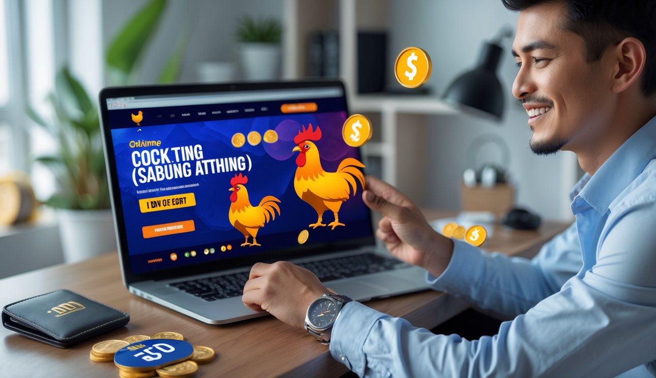 Seorang pengguna muda sedang menggunakan komputer untuk situs taruhan sabung ayam online dengan latar ruang kerja yang rapi dan terang.