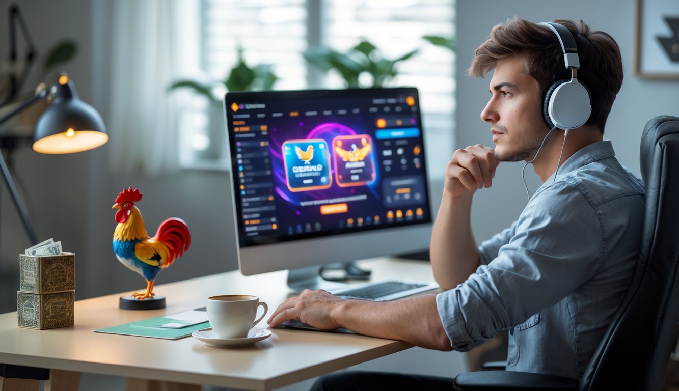 Seorang pria muda duduk di meja dengan laptop, terlihat fokus dan berpikir strategis dalam suasana kantor rumah yang rapi.