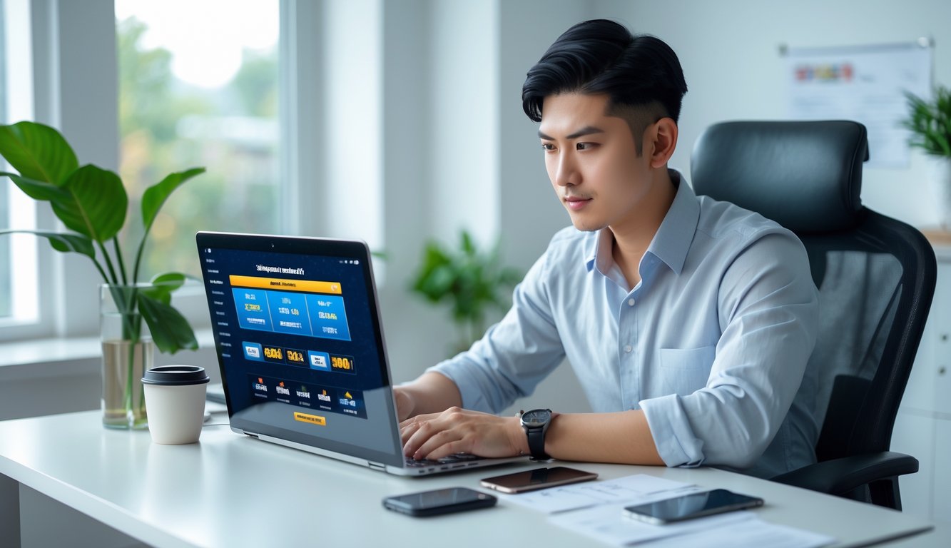 Seorang pria muda sedang fokus menggunakan laptop di meja kerja dengan suasana ruangan yang terang dan rapi.