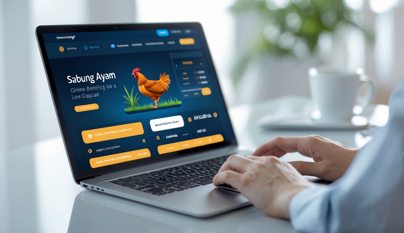 Seseorang menggunakan laptop di meja kerja dengan tampilan situs taruhan online Sabung Ayam dan sistem deposit rendah di layar.