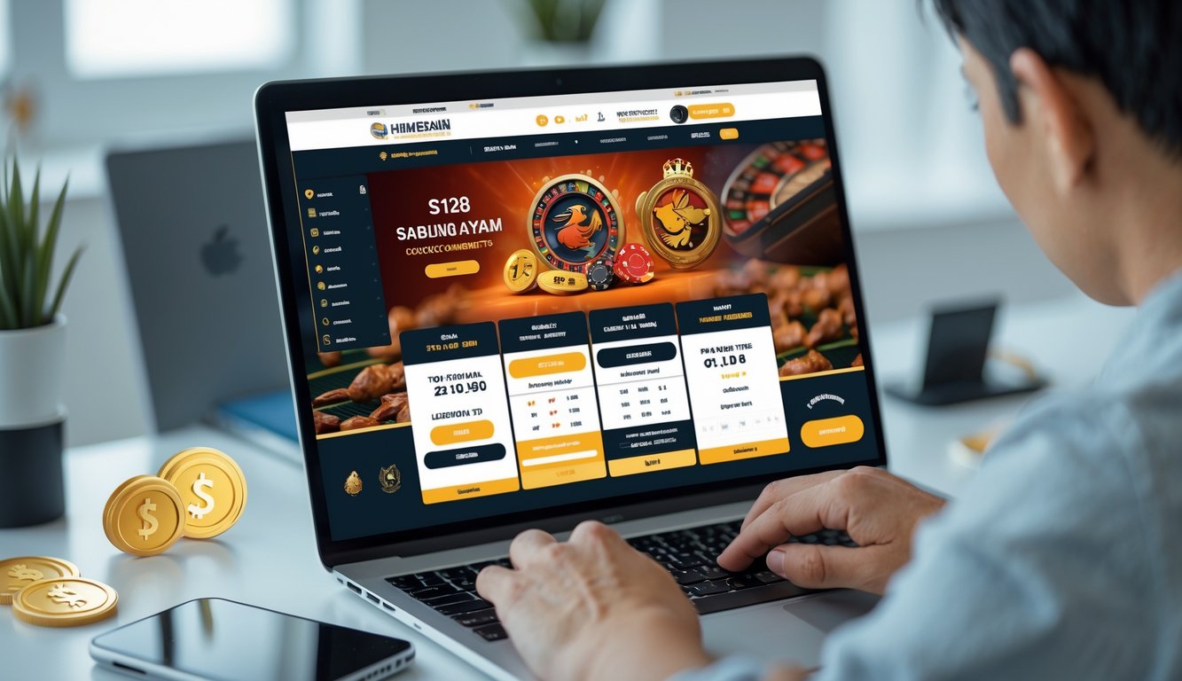 Seseorang menggunakan laptop untuk mengakses platform taruhan sabung ayam online dengan tampilan situs yang jelas dan modern.