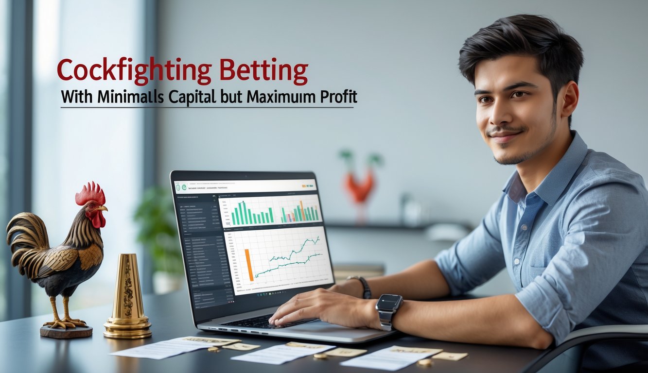 Seorang pria muda duduk di meja dengan laptop, menganalisis data dan simbol ayam aduan di sekitarnya, menunjukkan suasana strategi dan fokus.