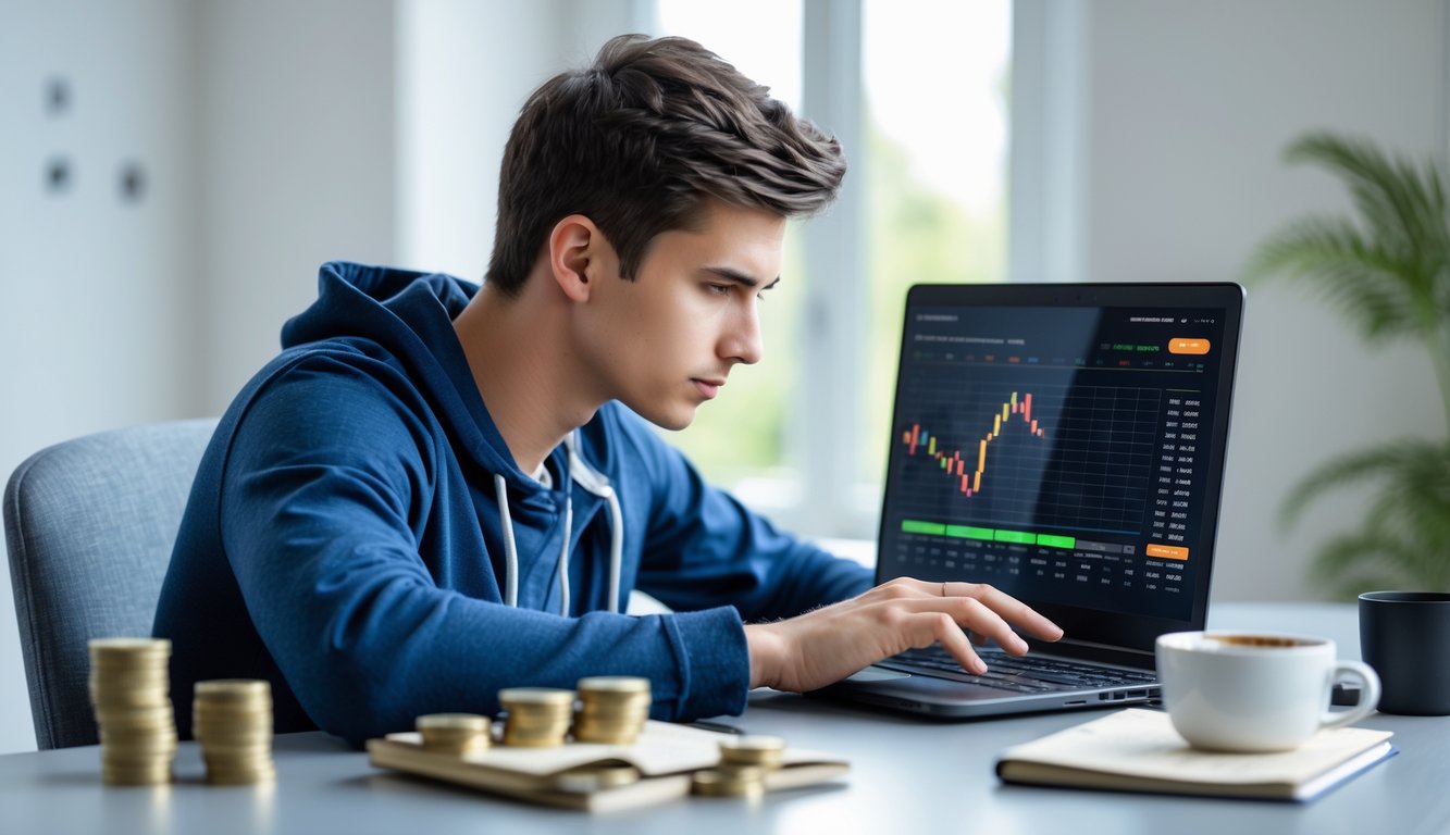 Seorang pria muda fokus duduk di meja dengan laptop dan catatan, terlihat sedang merencanakan strategi bermain dengan modal kecil.