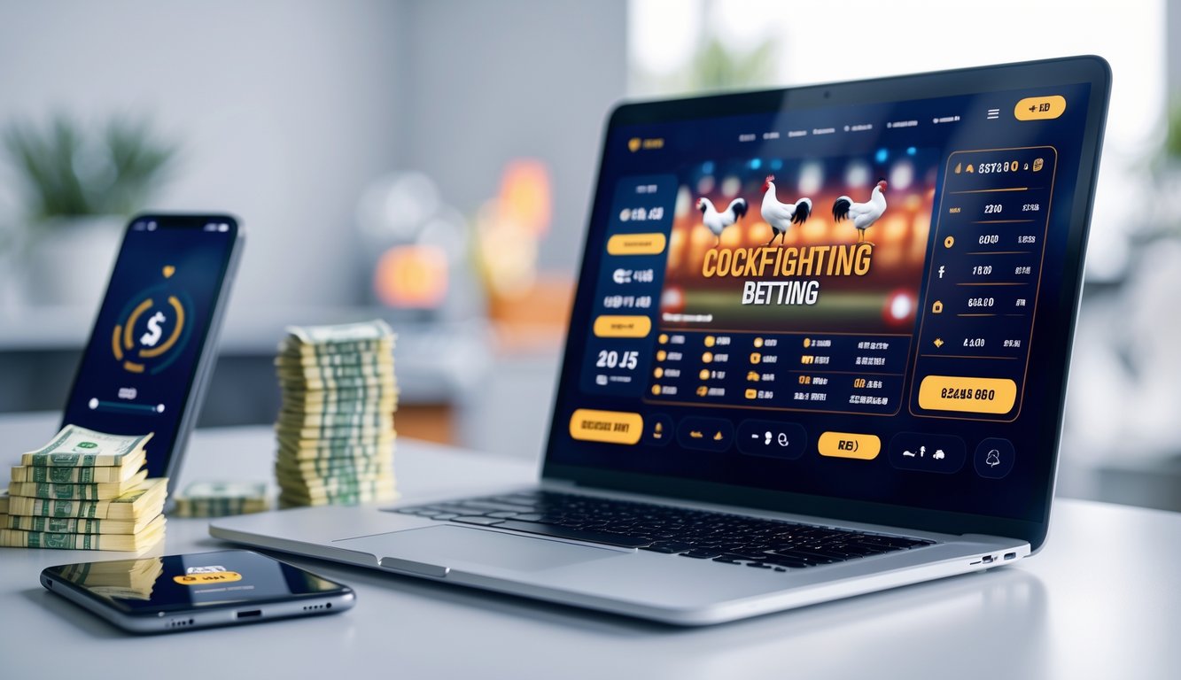 Seorang pengguna sedang menggunakan laptop dan ponsel untuk taruhan sabung ayam dengan suasana kerja yang terang dan rapi.