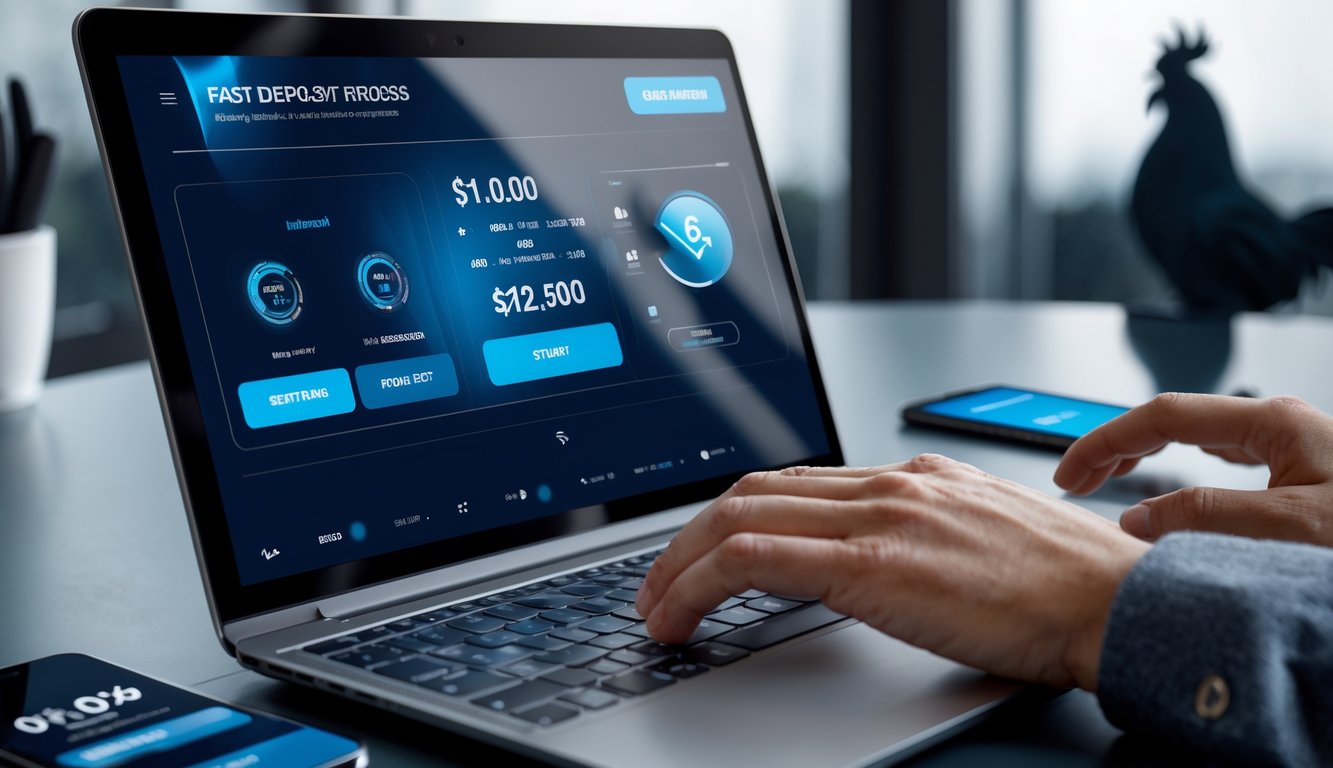 Tangan sedang menggunakan laptop dengan ponsel dan kartu kredit di meja, menggambarkan proses deposit cepat pada situs taruhan online.