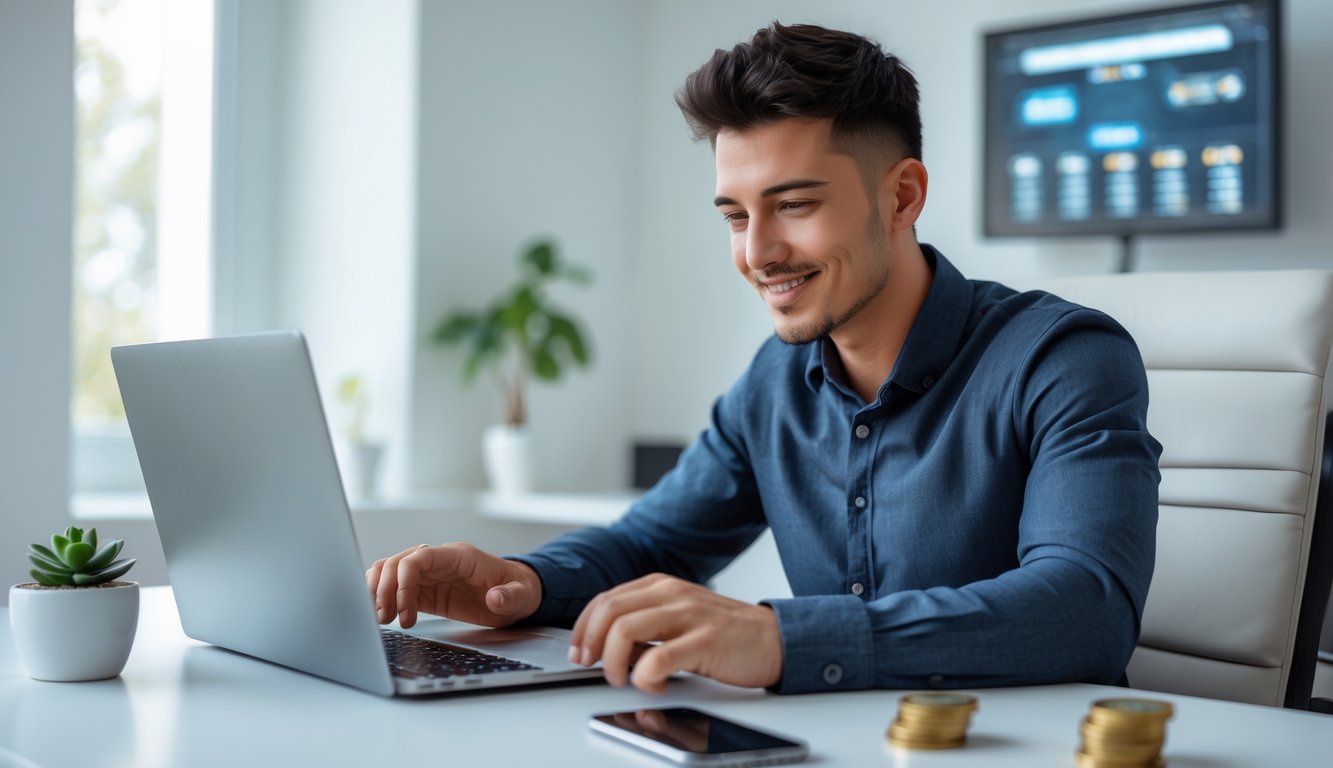 Seorang pria muda duduk di meja dengan laptop, terlihat fokus dan tersenyum, di ruang kerja rumah yang terang dan rapi dengan tanaman kecil dan secangkir kopi.