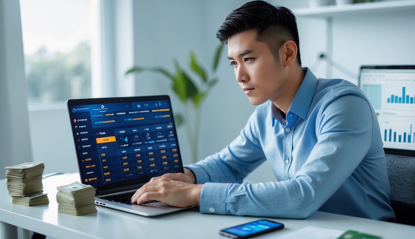 Seorang pria muda duduk di meja dengan laptop dan uang tunai, sedang menganalisis data untuk mengelola modal kecil di platform taruhan online.