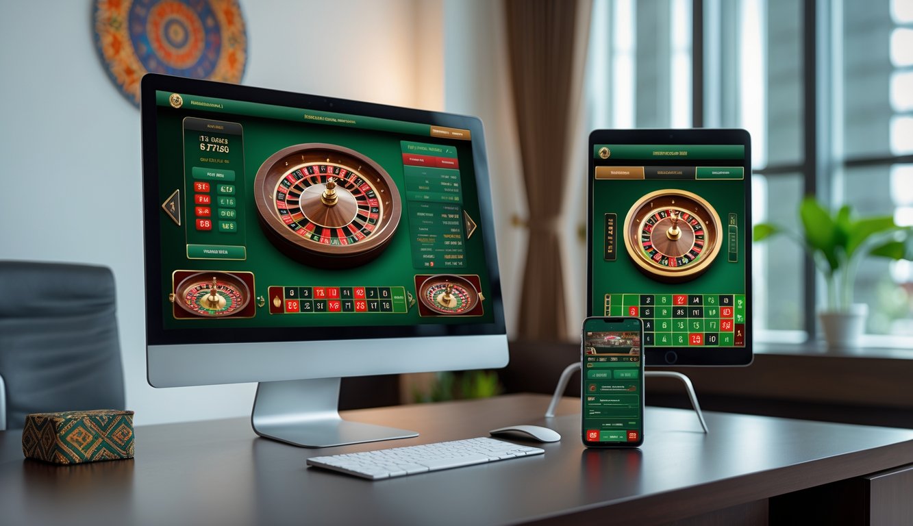 Tampilan antarmuka platform roulette Amerika online pada komputer dan ponsel di meja kantor dengan dekorasi batik kecil.