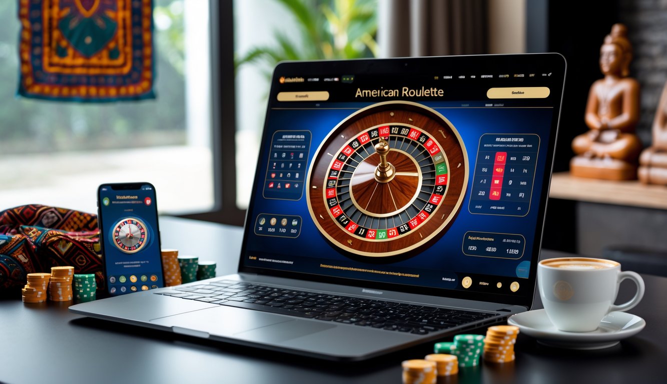 Seorang pengguna sedang bermain roulette Amerika secara online di laptop dengan latar ruang kerja yang rapi dan elemen budaya Indonesia di belakang.