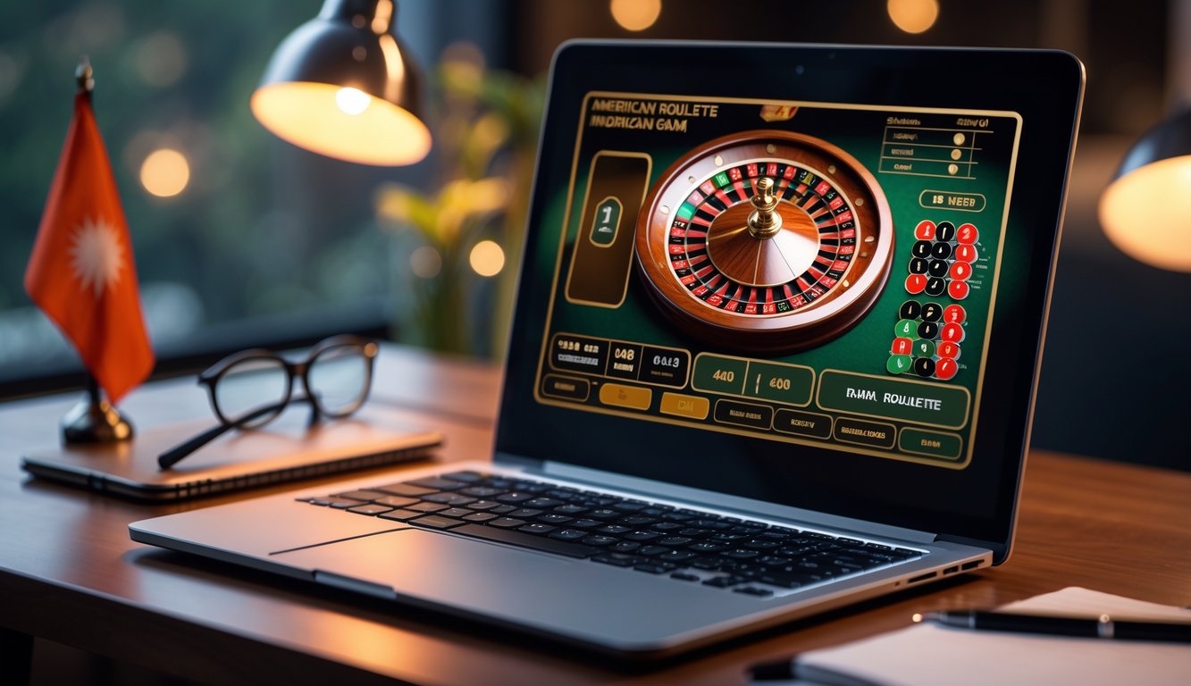 Sebuah laptop menampilkan permainan roulette Amerika online dengan roda roulette berwarna merah, hitam, dan hijau, diletakkan di atas meja kayu dengan bendera kecil Indonesia di sampingnya.