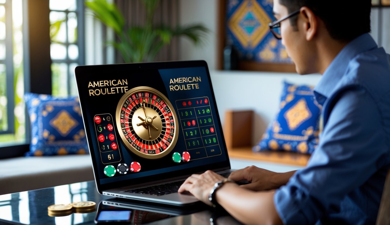 Seorang pria atau wanita menggunakan komputer untuk bermain roulette Amerika online di ruang tamu dengan dekorasi batik di latar belakang.