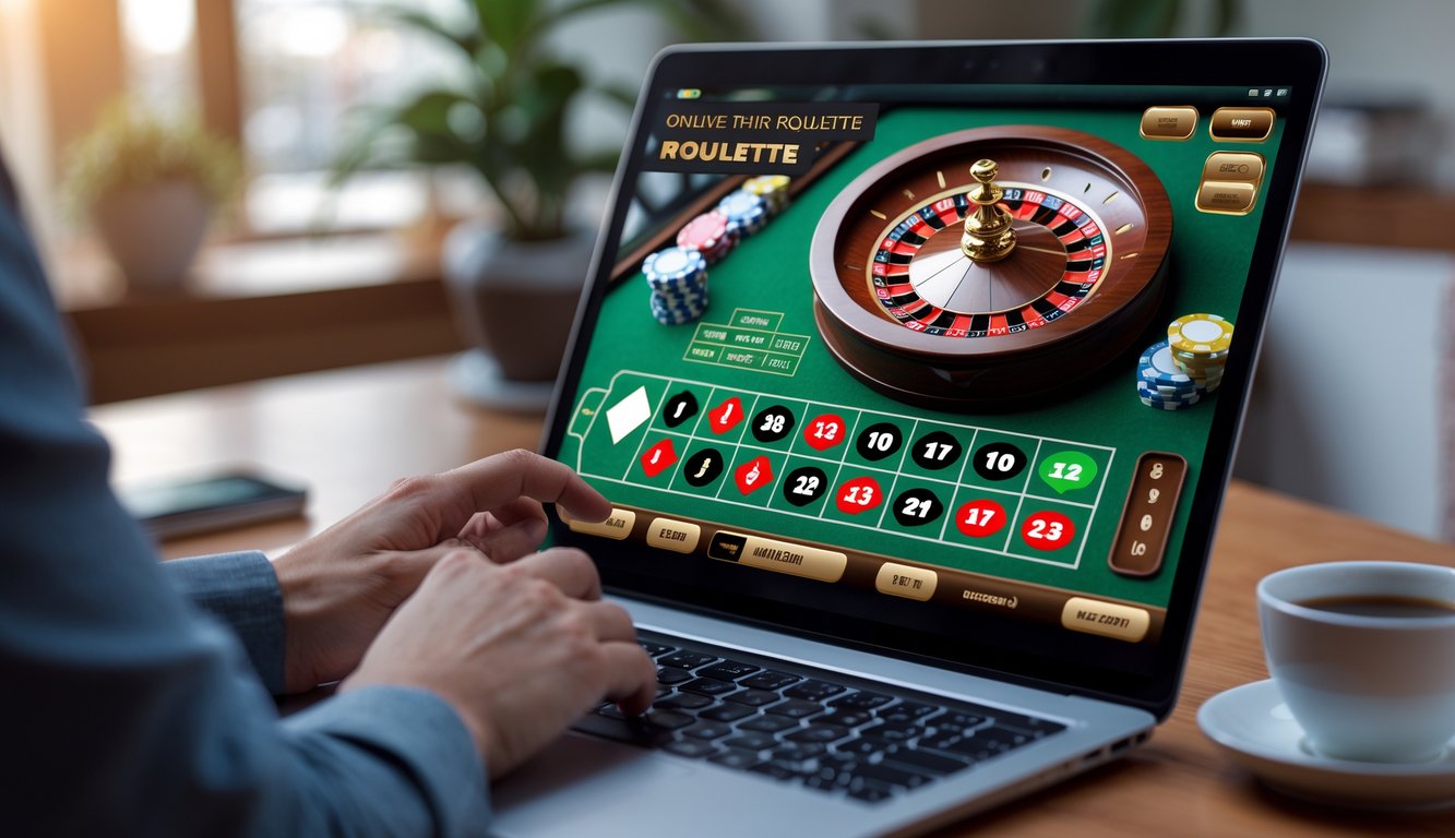 Tampilan layar laptop dengan permainan roulette Amerika online yang sedang dimainkan di sebuah meja kayu di ruang kerja yang nyaman.