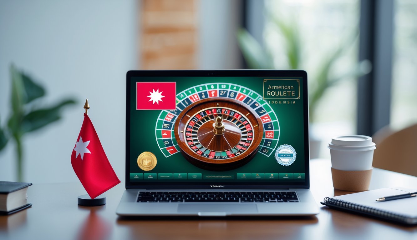 Sebuah meja kerja dengan komputer menampilkan permainan roulette Amerika secara online, di samping bendera kecil Indonesia dan sertifikat resmi.
