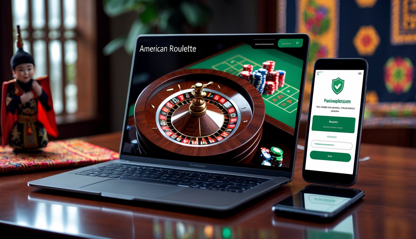Seorang pria menggunakan laptop dan ponsel untuk bermain roulette Amerika secara online dengan latar belakang elemen budaya Indonesia.