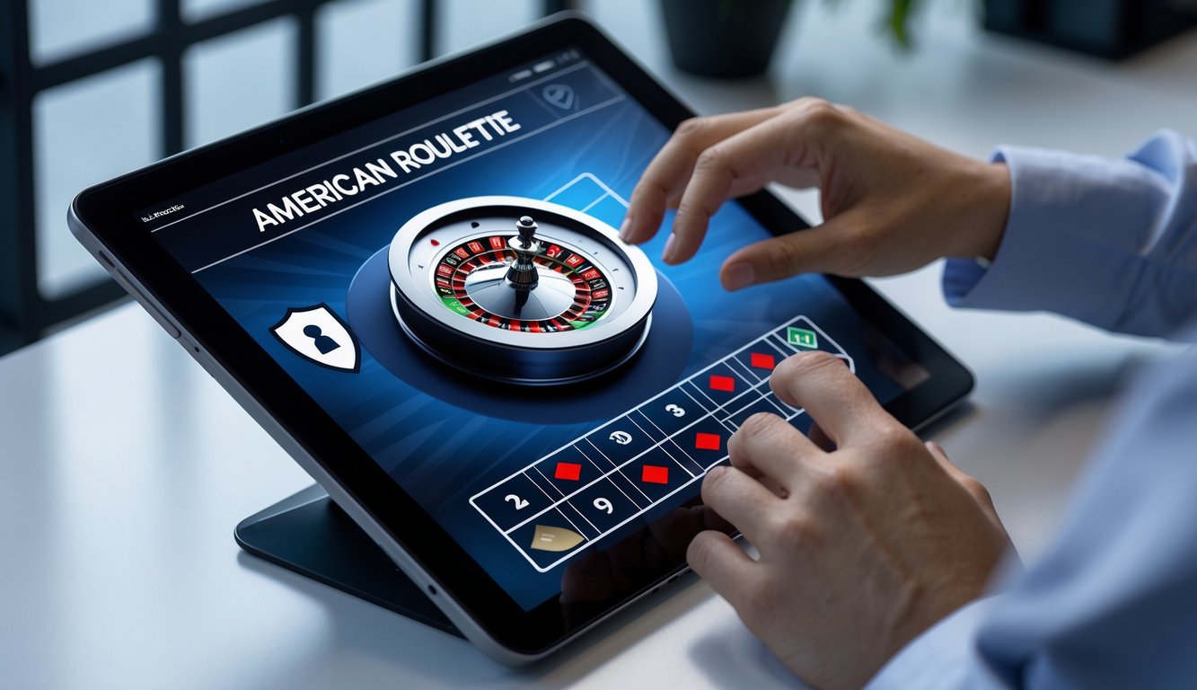Seseorang menggunakan perangkat digital dengan tampilan roda roulette Amerika di layar, menunjukkan pengalaman bermain roulette online yang aman dan resmi.