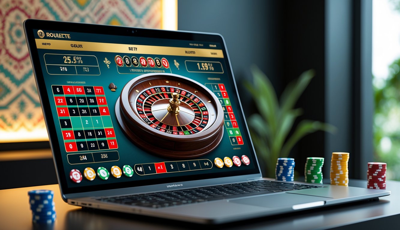 Tampilan komputer dengan permainan roulette Amerika online yang sedang berjalan, menunjukkan roda roulette dan meja taruhan dengan chip warna-warni.