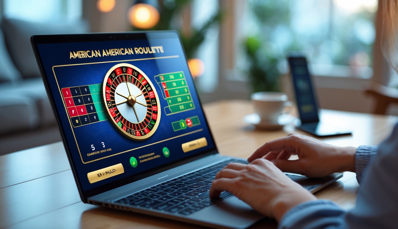 Seseorang bermain roulette Amerika secara online di laptop dengan roda roulette terlihat di layar, di atas meja kayu dengan suasana rumah yang nyaman.