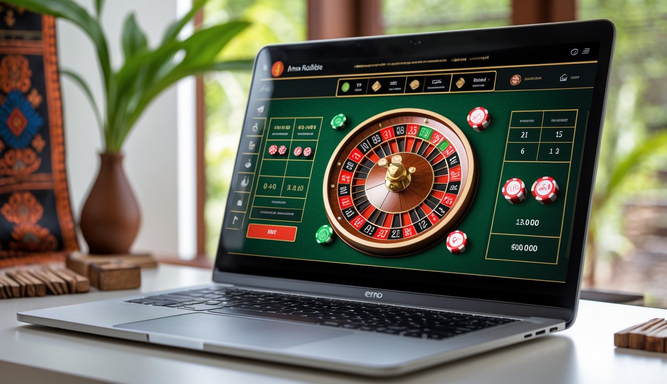 Layar laptop menampilkan permainan roulette Amerika online dengan latar belakang elemen budaya Indonesia dan suasana yang aman dan profesional.
