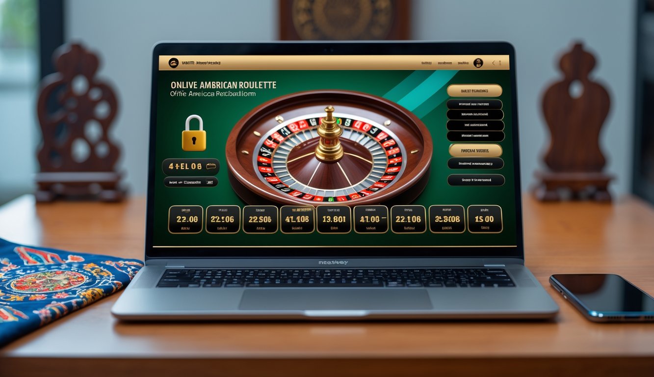 Layar laptop dan ponsel menampilkan platform roulette Amerika online dengan desain modern di meja kerja yang rapi.