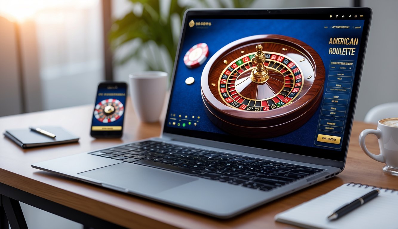 Sebuah meja modern dengan komputer menampilkan permainan roulette Amerika secara online, dikelilingi oleh ponsel, cangkir kopi, dan buku catatan.